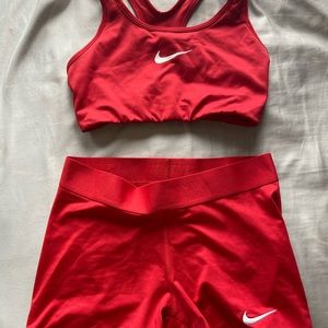 Red nike sports bra and spandex set